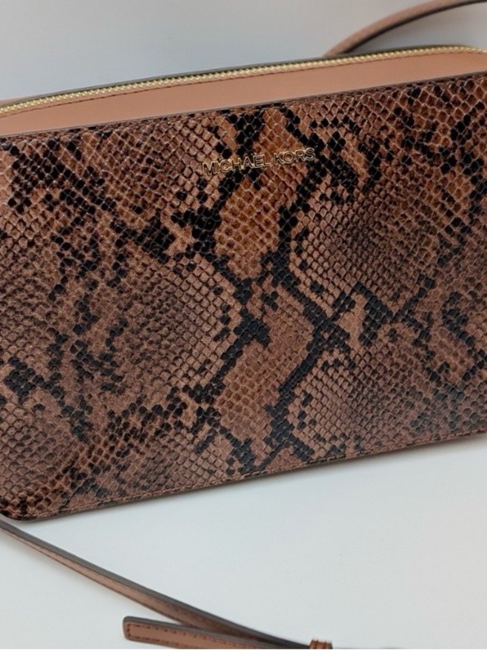 Michael Kors Crossbody Womens Jet Set Lg Ew Leather Snakeskin in Luggage Tan